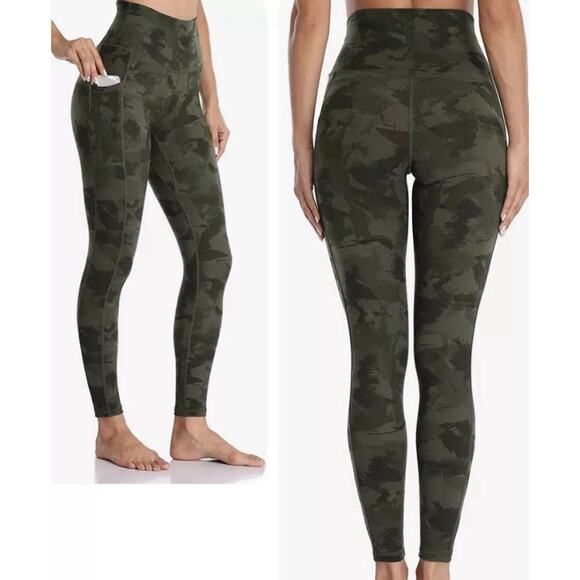 Colorfulkoala Green Brushed Camo Yoga Side Pockets Ankle Leggings Medium - Picture 1 of 8